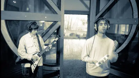 Michael Spencer Jones Oasis band members Noel and Liam Gallagher in the recording studio at Monnow Valley in south Wales