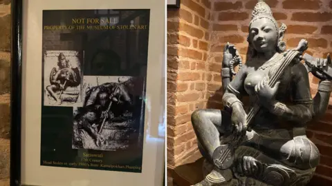 Sanjaya Dhakal / BBC Nepali A Saraswati idol replica and a photo showing the original sculpture that was mutilated and its head stolen