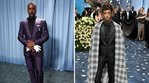 Getty Images A composite of two pictures from the Met Gala. On the left is Ncuti Gatwa where a black shirt under a purple suit. On the right is Jaden Smith wearing a black suit and a black and white cloak.