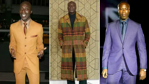 Getty Images A composite picture of three images of Ozwald Boateng at different stages of his career. One on the left where he is wearing an orange suit, one in the middle in a woven, patterned overcoat and one on the right in a purple suit