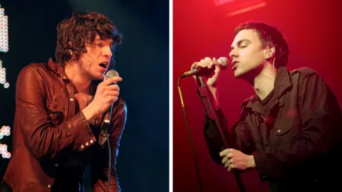 Getty Images Composite image showing Luke Pritchard of The Kooks and Richard Archer of Hard-Fi performing on stage in the early 2000s