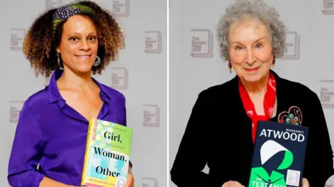 Getty Images Bernardine Evaristo, wearing a silk purple shirt, and Margaret Atwood, wearing a black cardigan and red scarf
