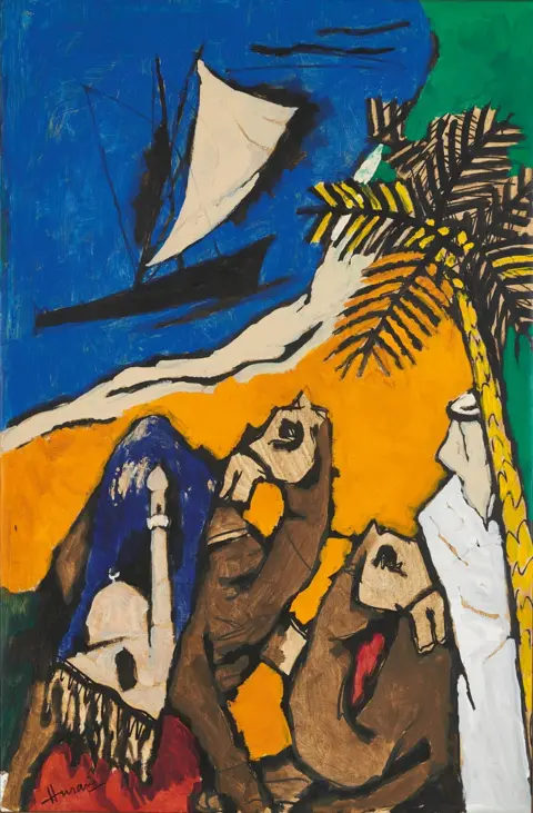 Pundole Art Gallery Two camels seem to walk across a desert, a coconut tree in front of them and a blue ocean behind.