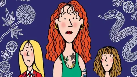 Jacqueline Wilson Copy of The Illustrated Mum showing an illustration of a woman with red hair and tattoos and her two children on either side of her