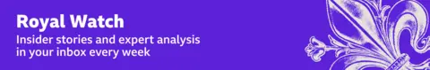 Thin, purple banner promoting the Royal Watch newsletter with text saying, “Insider stories and expert analysis in your inbox every week”. There is also a graphic of a fleur-de-lis in white 