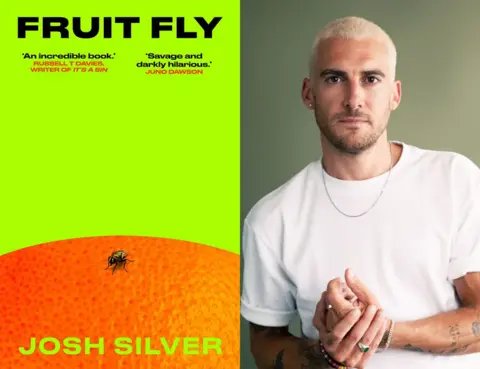 OneWorld/Fake Trash Studio Fruit Fly book cover which features a fly sitting on an orange, alongside a picture of the author in a white T-shirt. He has cropped blonde hair.