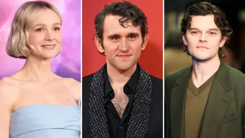 Getty Images Left to right: Carey Mulligan, Harry Melling and Robert Aramyo
