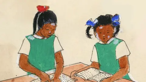 Listen to This Story! Main publicity image for exhibition by illustrator Errol Lloyd, which shows two little girls, with black hair, sitting at a table and looking at books. They are both wearing green dresses over cream shirts and have ribbons in their hair. 